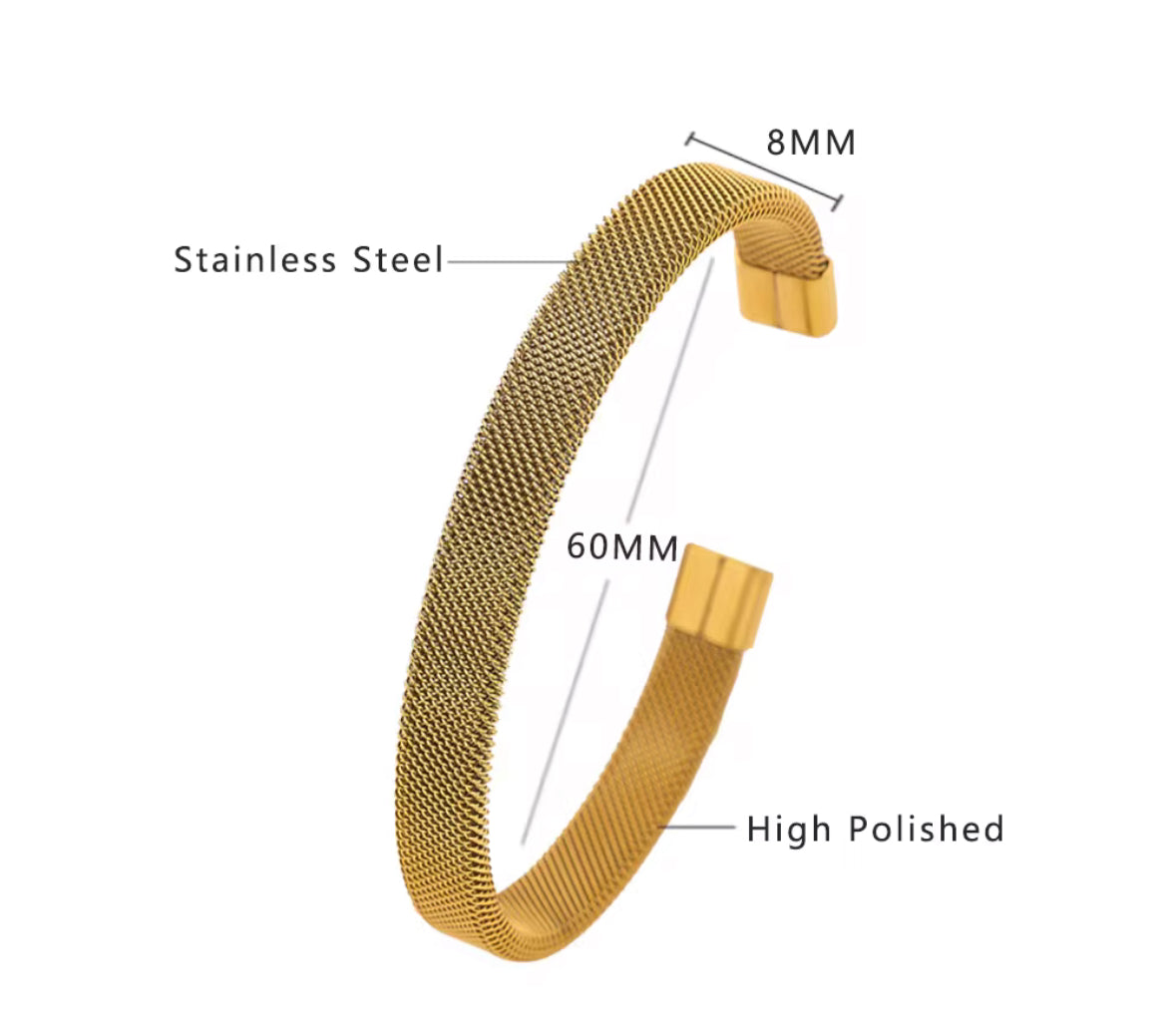 Golden Stainless Steel Mesh Cuff Bracelet – Unisex Jewelry