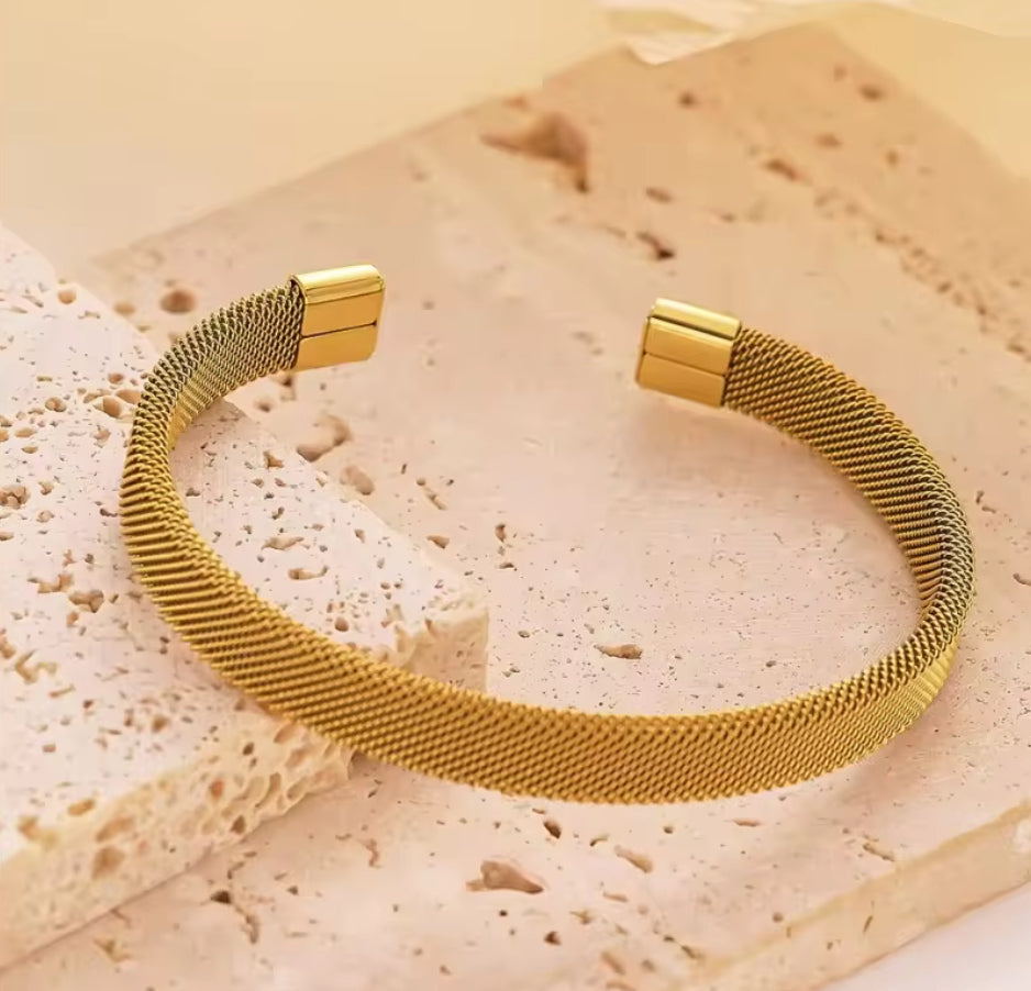 Golden Stainless Steel Mesh Cuff Bracelet – Unisex Jewelry