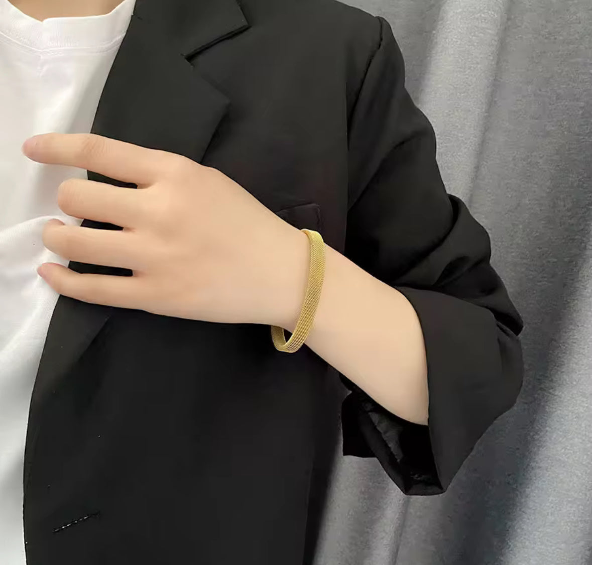 Golden Stainless Steel Mesh Cuff Bracelet – Unisex Jewelry