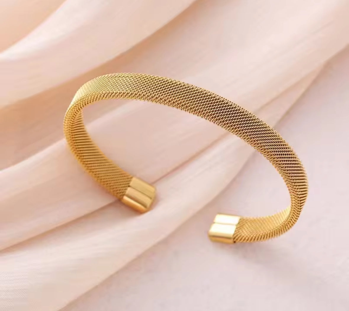 Golden Stainless Steel Mesh Cuff Bracelet – Unisex Jewelry