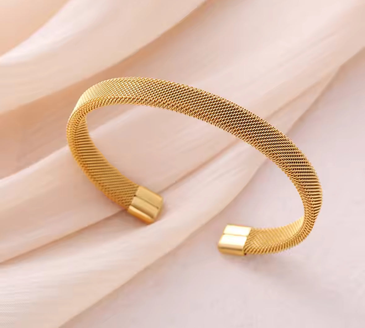Golden Stainless Steel Mesh Cuff Bracelet – Unisex Jewelry