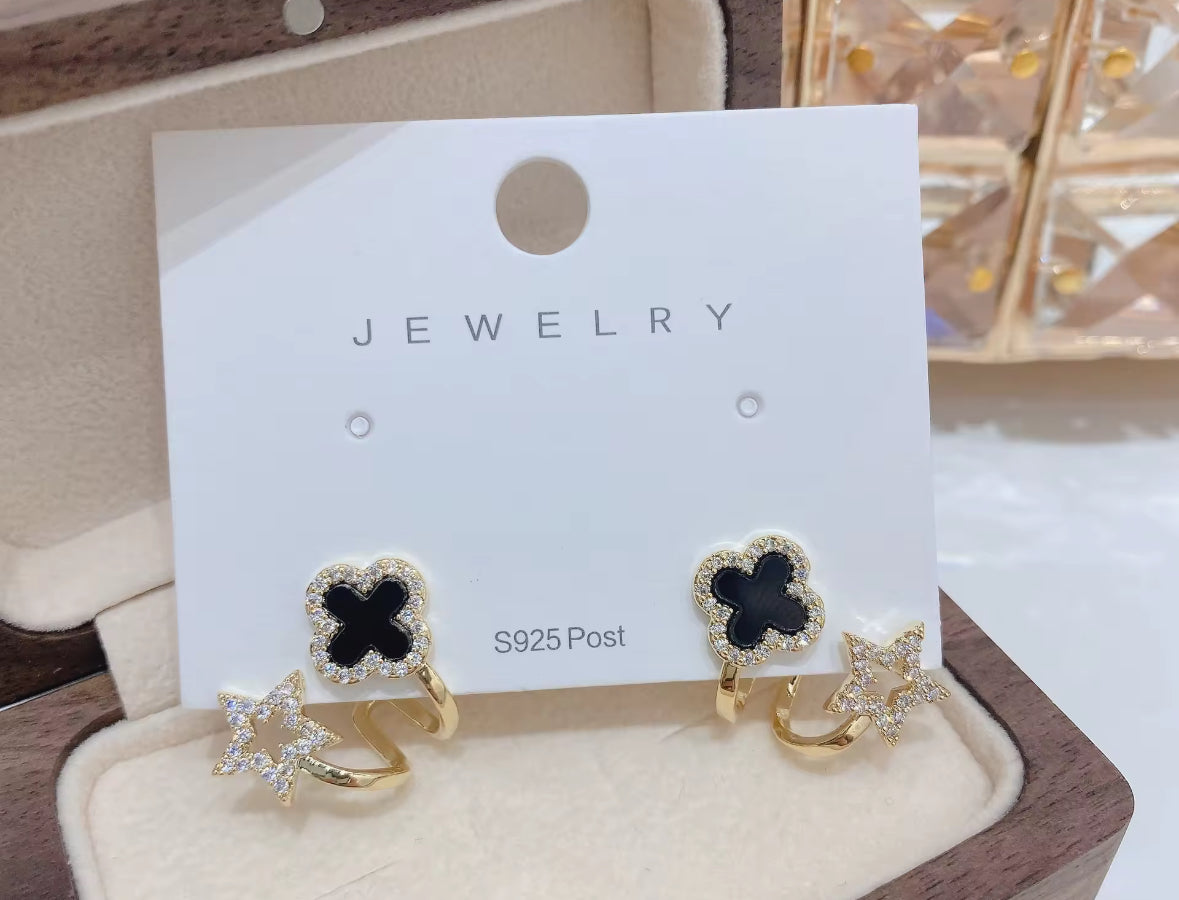 Black Clover & Star Duo Earrings – Golden Mismatched Crystal Studs for Women