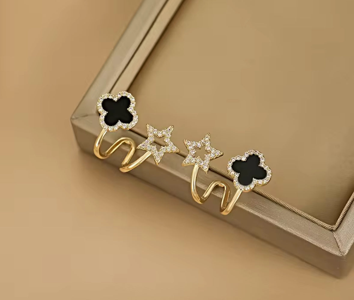 Black Clover & Star Duo Earrings – Golden Mismatched Crystal Studs for Women