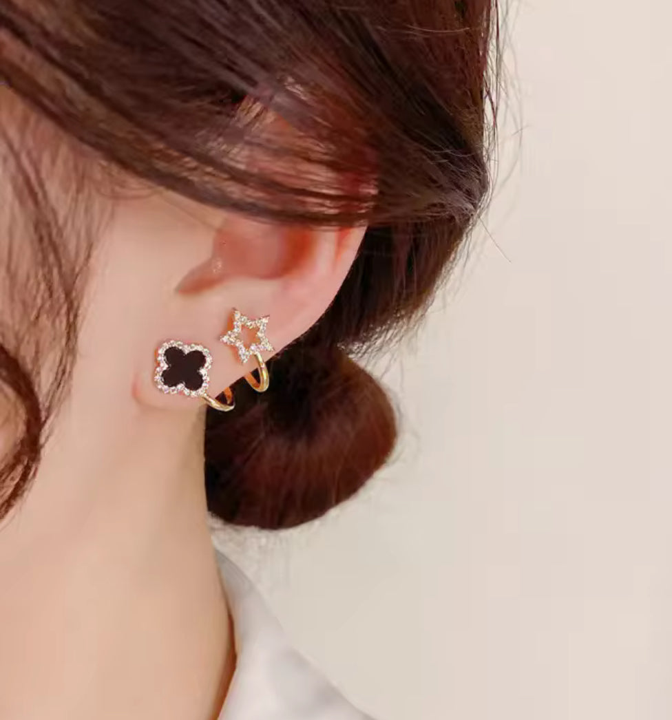 Black Clover & Star Duo Earrings – Golden Mismatched Crystal Studs for Women