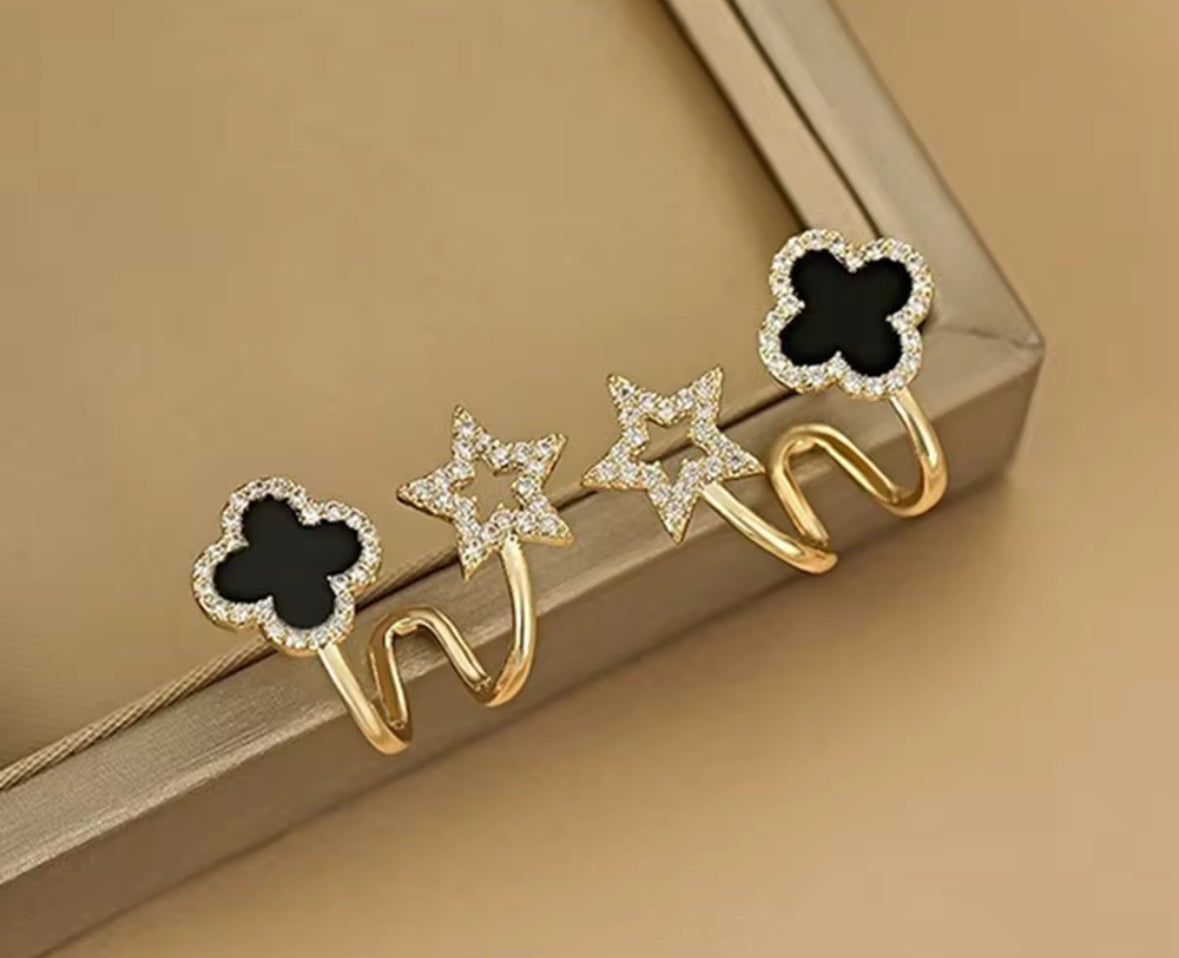 Black Clover & Star Duo Earrings – Golden Mismatched Crystal Studs for Women