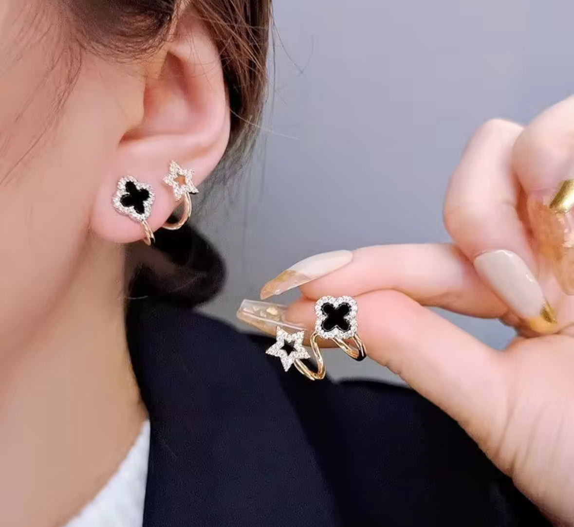 Black Clover & Star Duo Earrings – Golden Mismatched Crystal Studs for Women