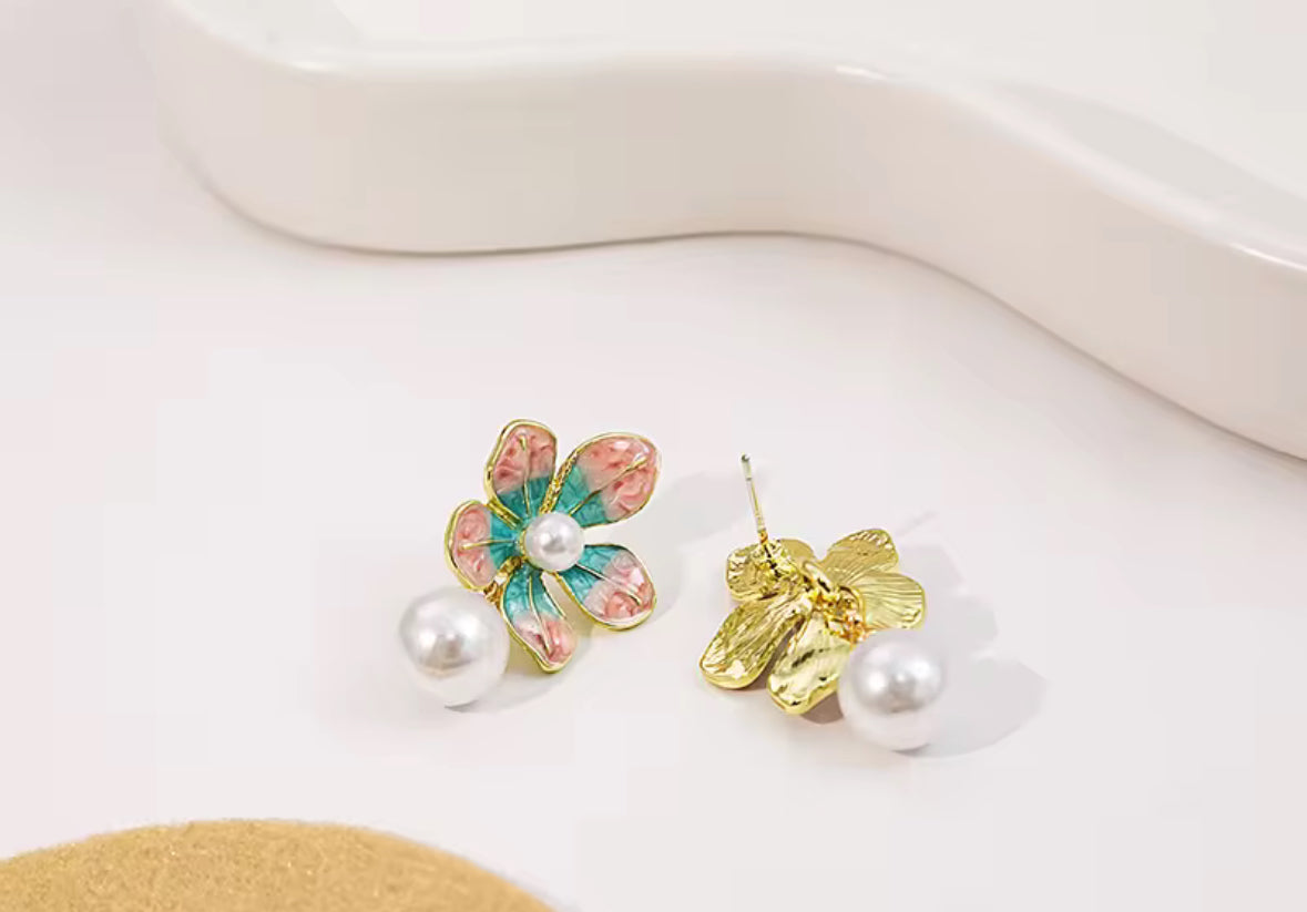 Iridescent Flower & Pearl Drop Earrings – Elegant Petal Studs for Women