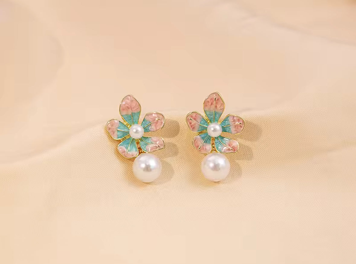 Iridescent Flower & Pearl Drop Earrings – Elegant Petal Studs for Women