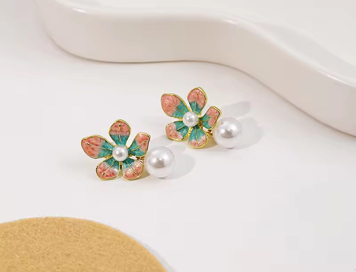 Iridescent Flower & Pearl Drop Earrings – Elegant Petal Studs for Women