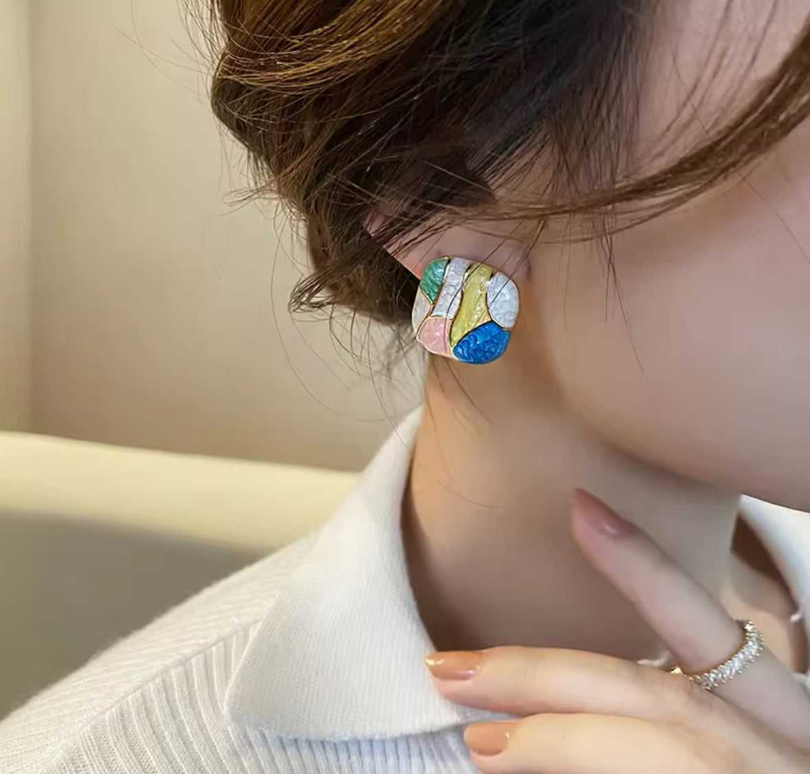 Colorful Mosaic Statement Earrings – Abstract Geometric Studs for Women