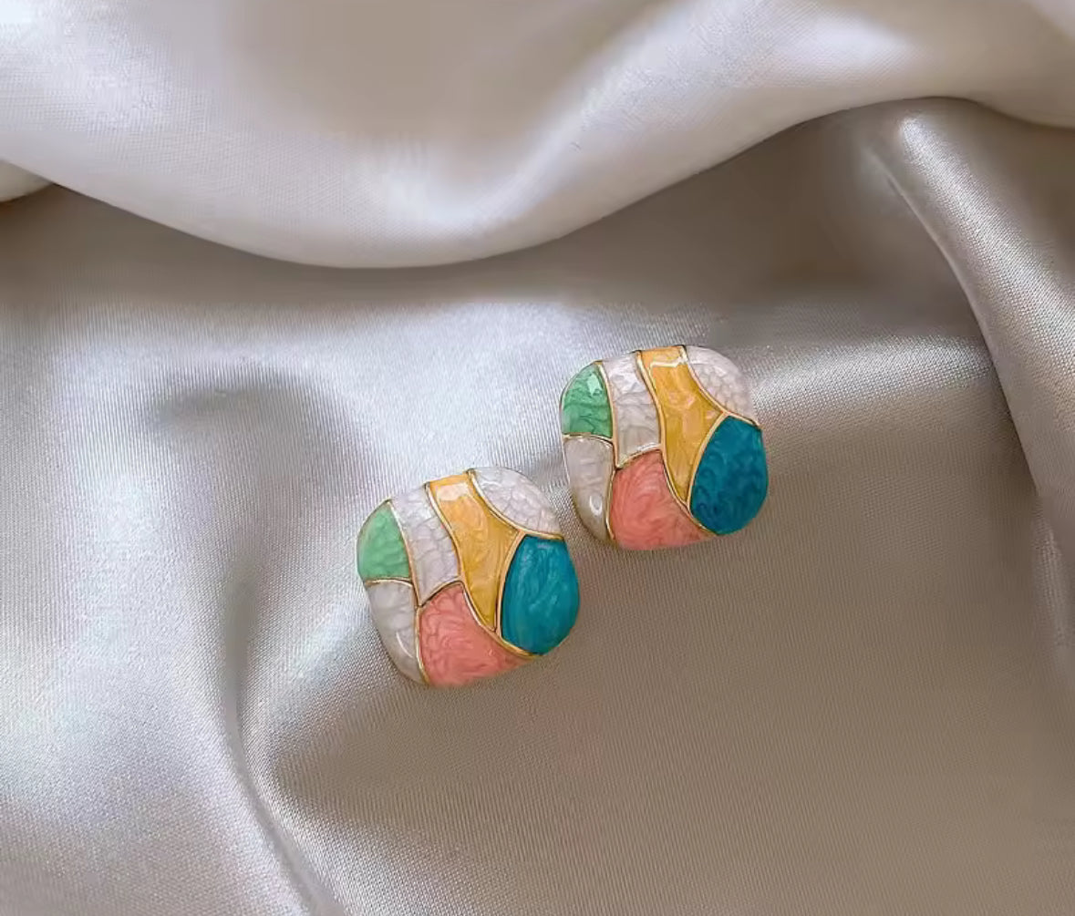 Colorful Mosaic Statement Earrings – Abstract Geometric Studs for Women
