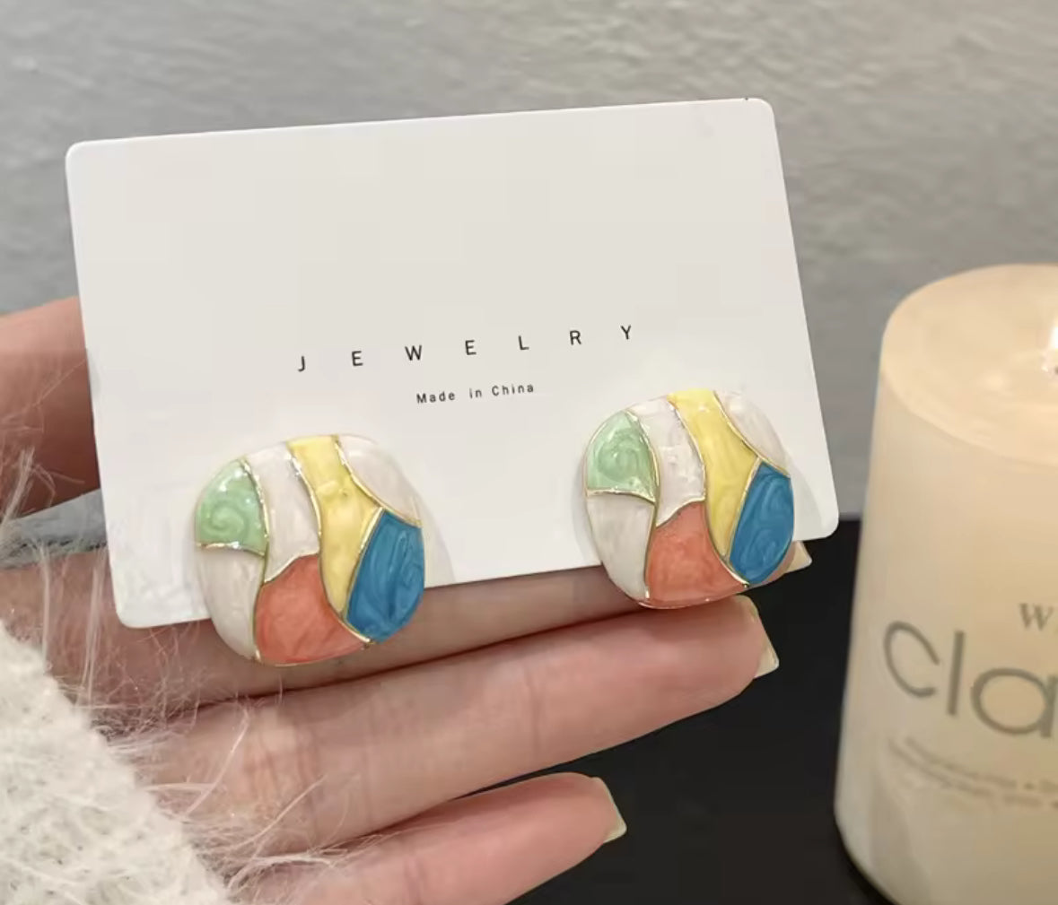 Colorful Mosaic Statement Earrings – Abstract Geometric Studs for Women