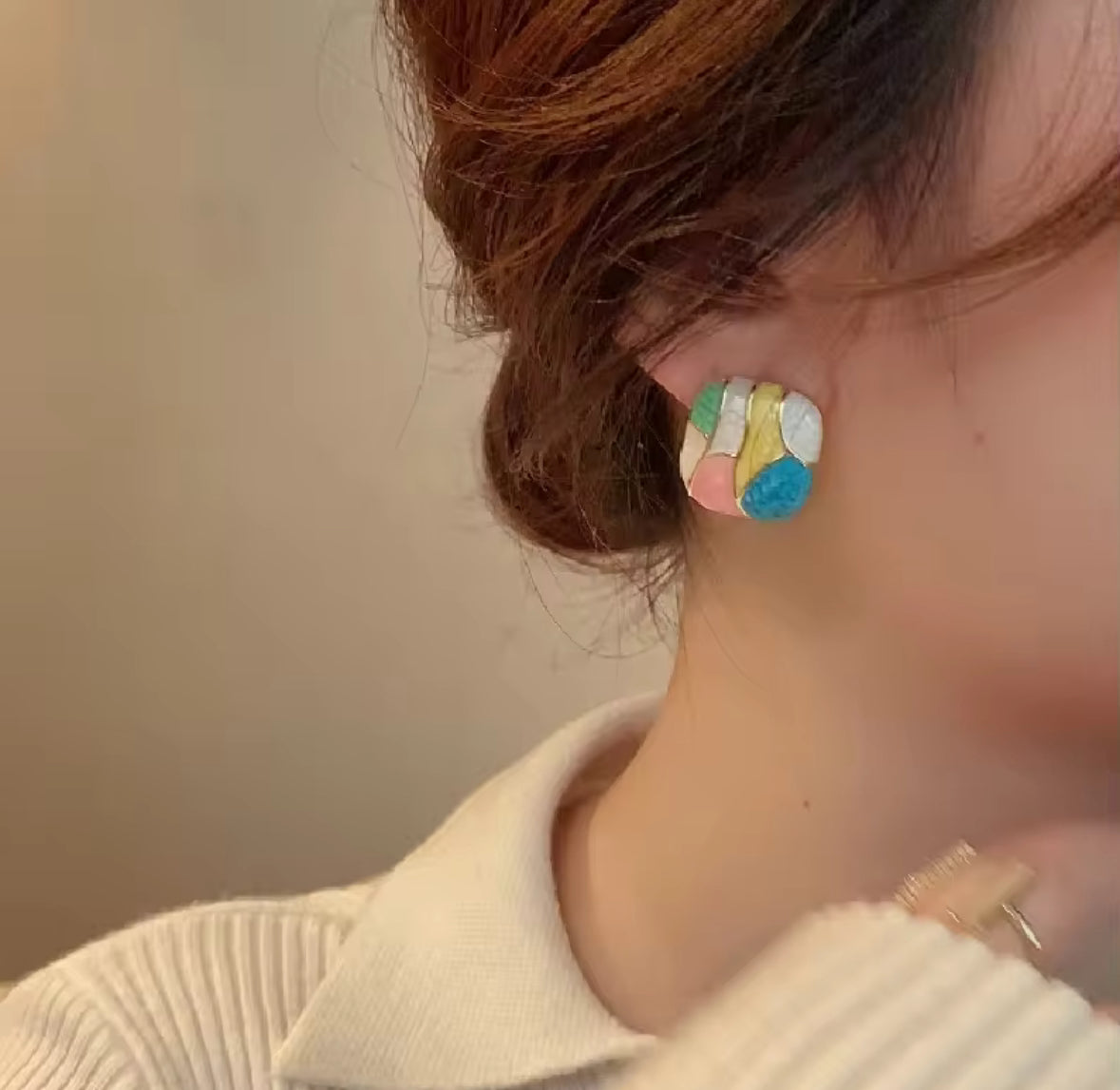 Colorful Mosaic Statement Earrings – Abstract Geometric Studs for Women