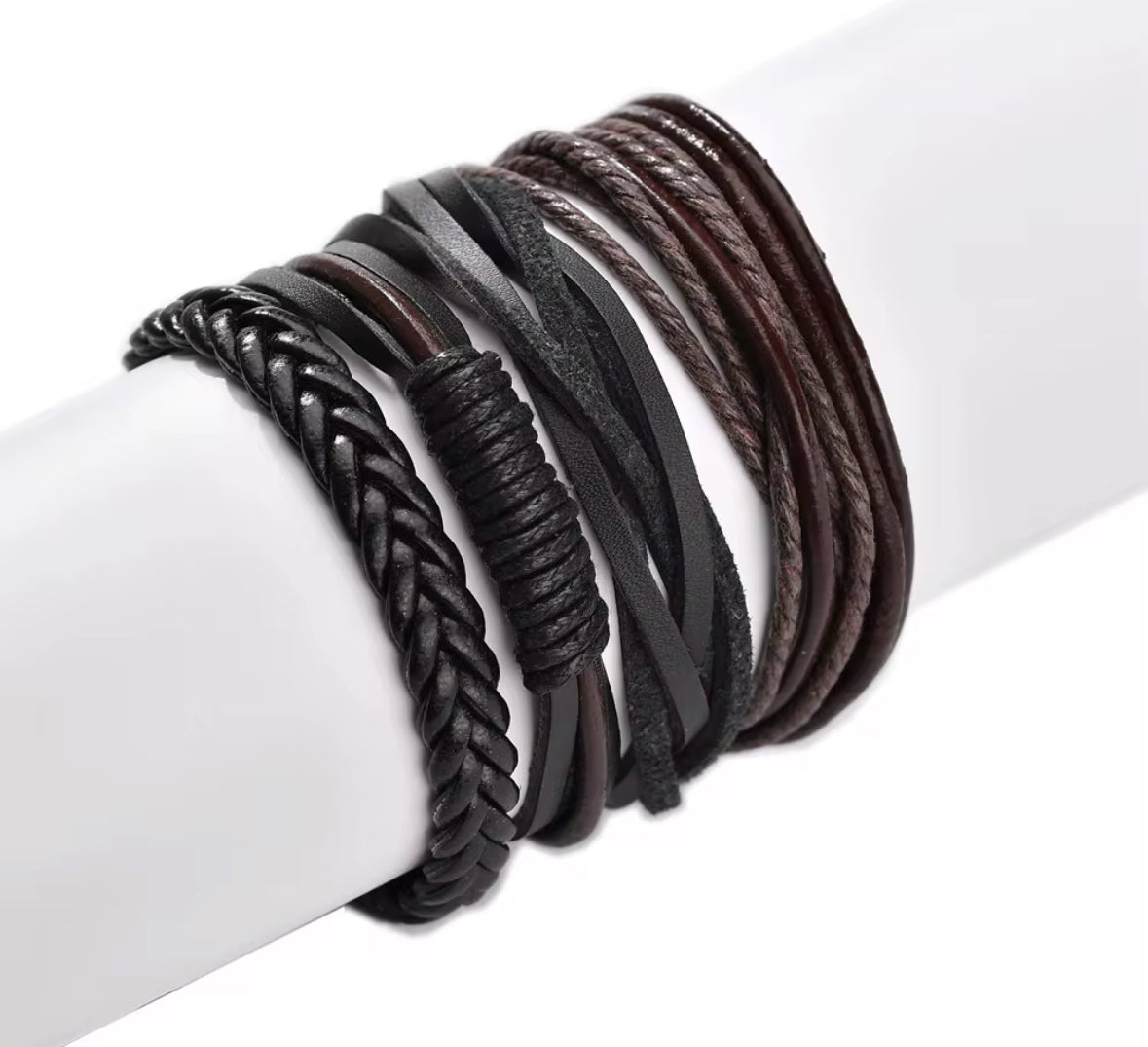 Men’s Faux Leather Bracelet Set – Vintage Braided Multi-Layer Adjustable Wristbands