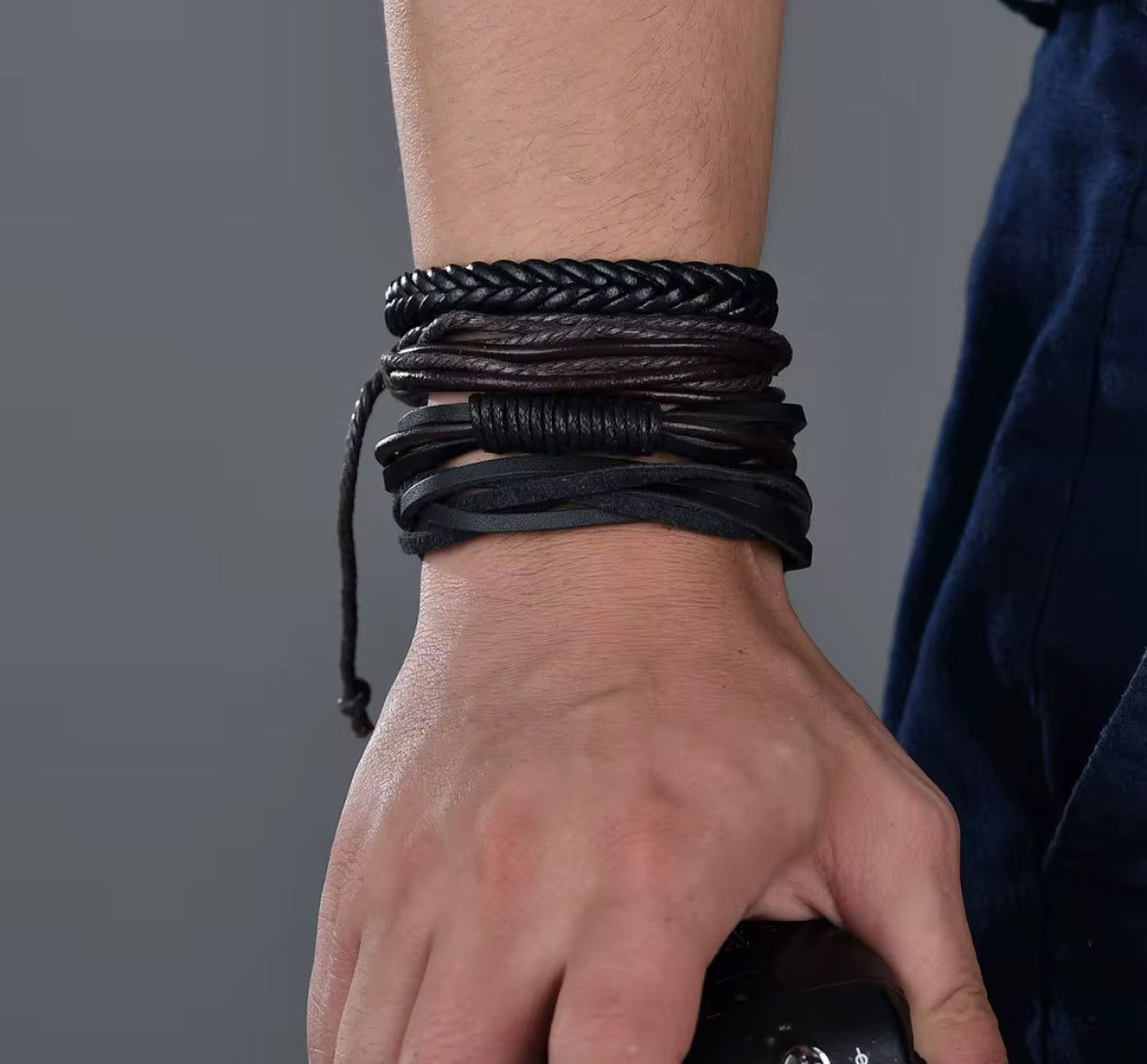 Men’s Faux Leather Bracelet Set – Vintage Braided Multi-Layer Adjustable Wristbands