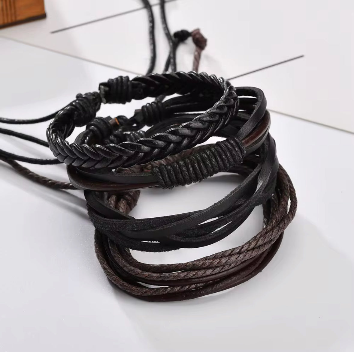Men’s Faux Leather Bracelet Set – Vintage Braided Multi-Layer Adjustable Wristbands