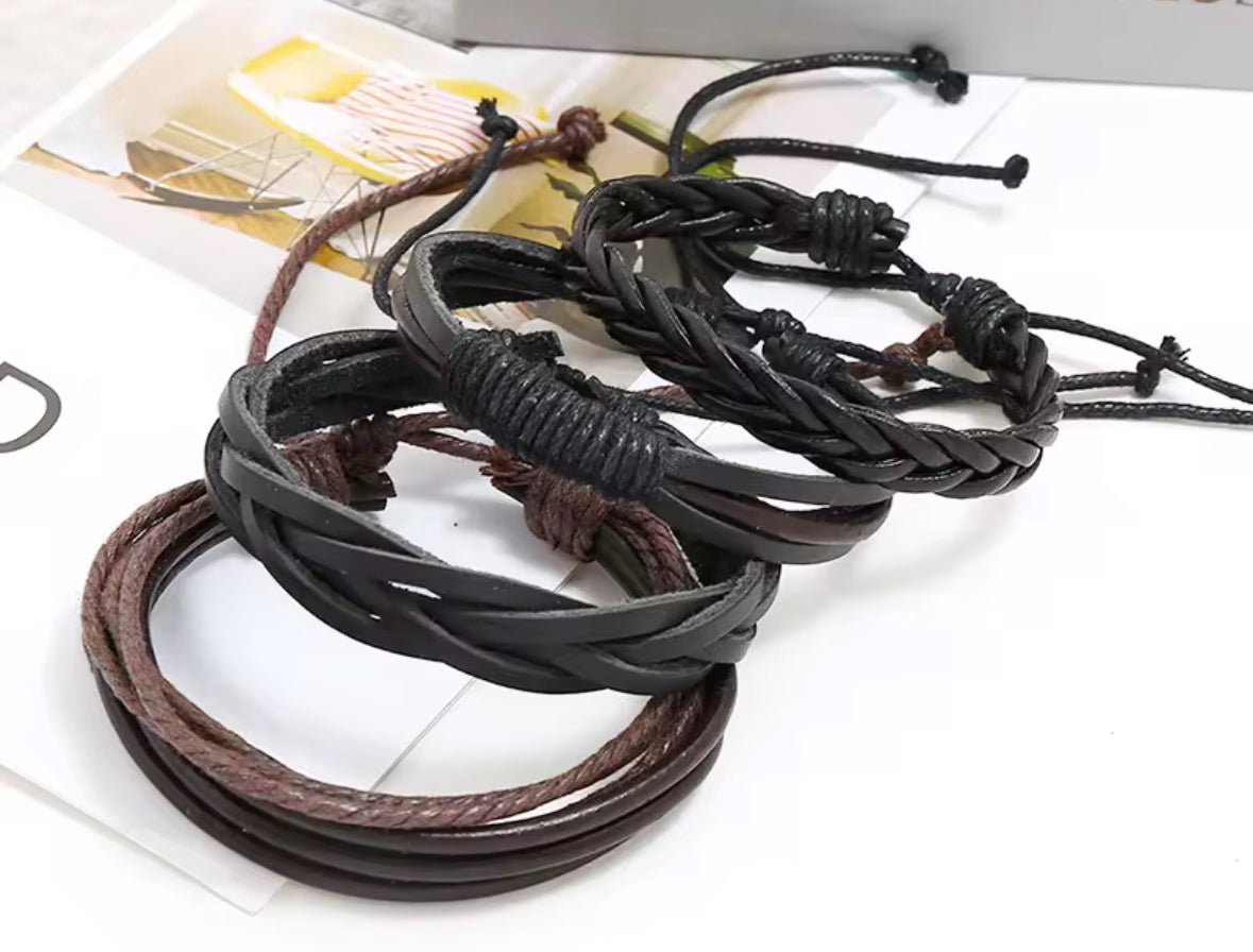 Men’s Faux Leather Bracelet Set – Vintage Braided Multi-Layer Adjustable Wristbands