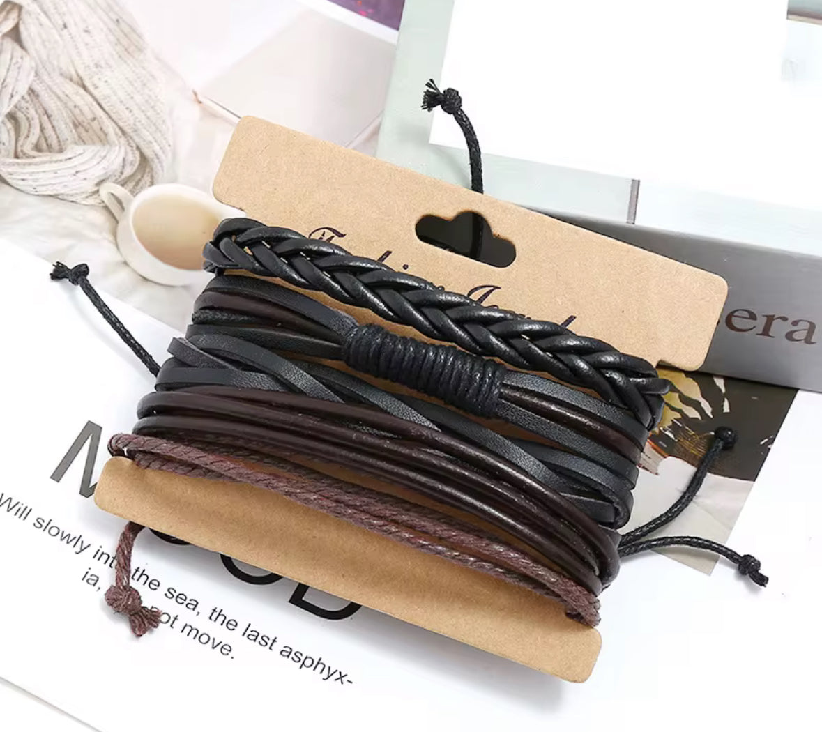 Men’s Faux Leather Bracelet Set – Vintage Braided Multi-Layer Adjustable Wristbands