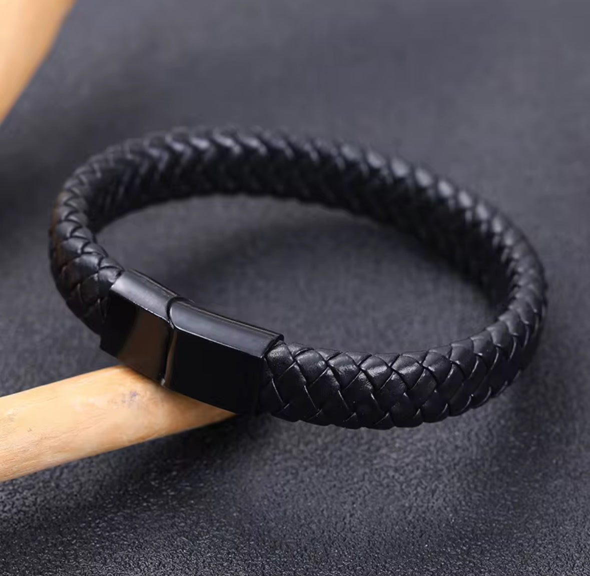 Men’s Black Braided Faux Leather Bracelet with Magnetic Clasp – Stylish & Durable Wristband