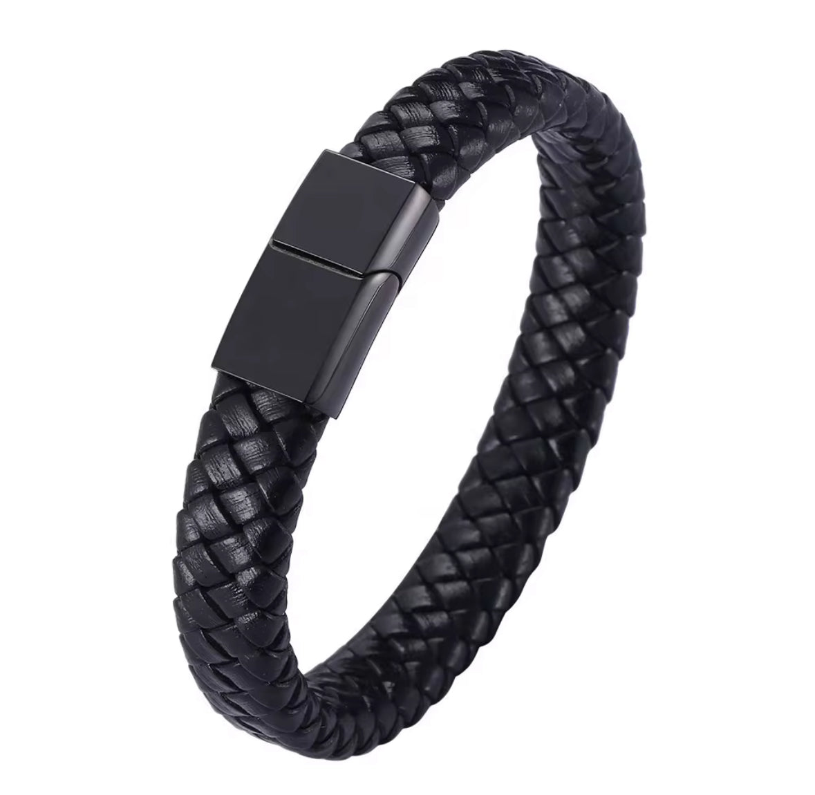 Men’s Black Braided Faux Leather Bracelet with Magnetic Clasp – Stylish & Durable Wristband