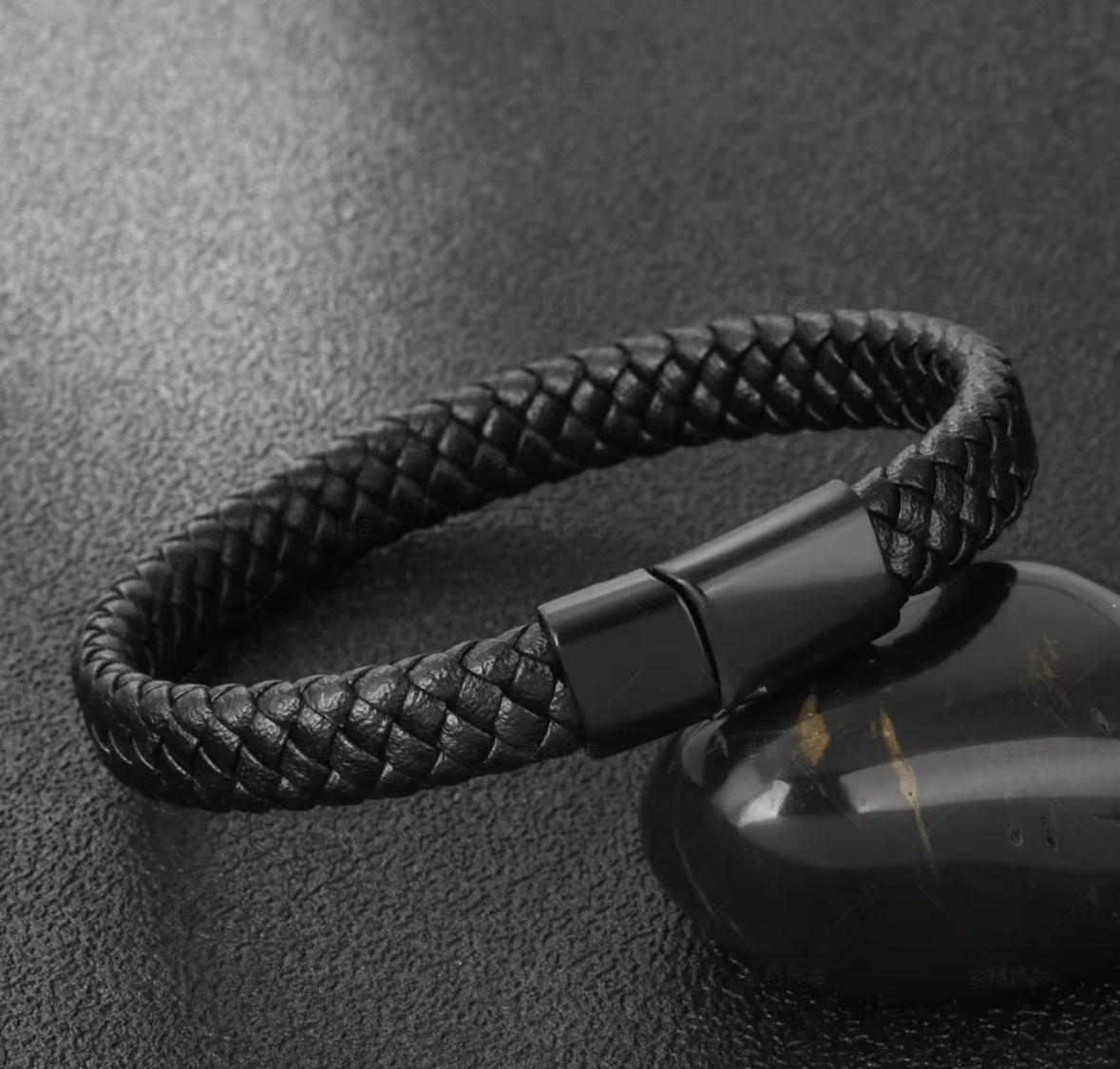 Men’s Black Braided Faux Leather Bracelet with Magnetic Clasp – Stylish & Durable Wristband