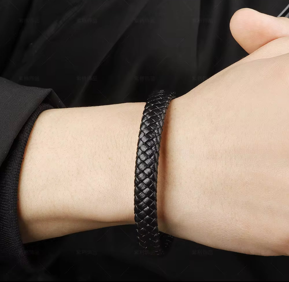 Men’s Black Braided Faux Leather Bracelet with Magnetic Clasp – Stylish & Durable Wristband