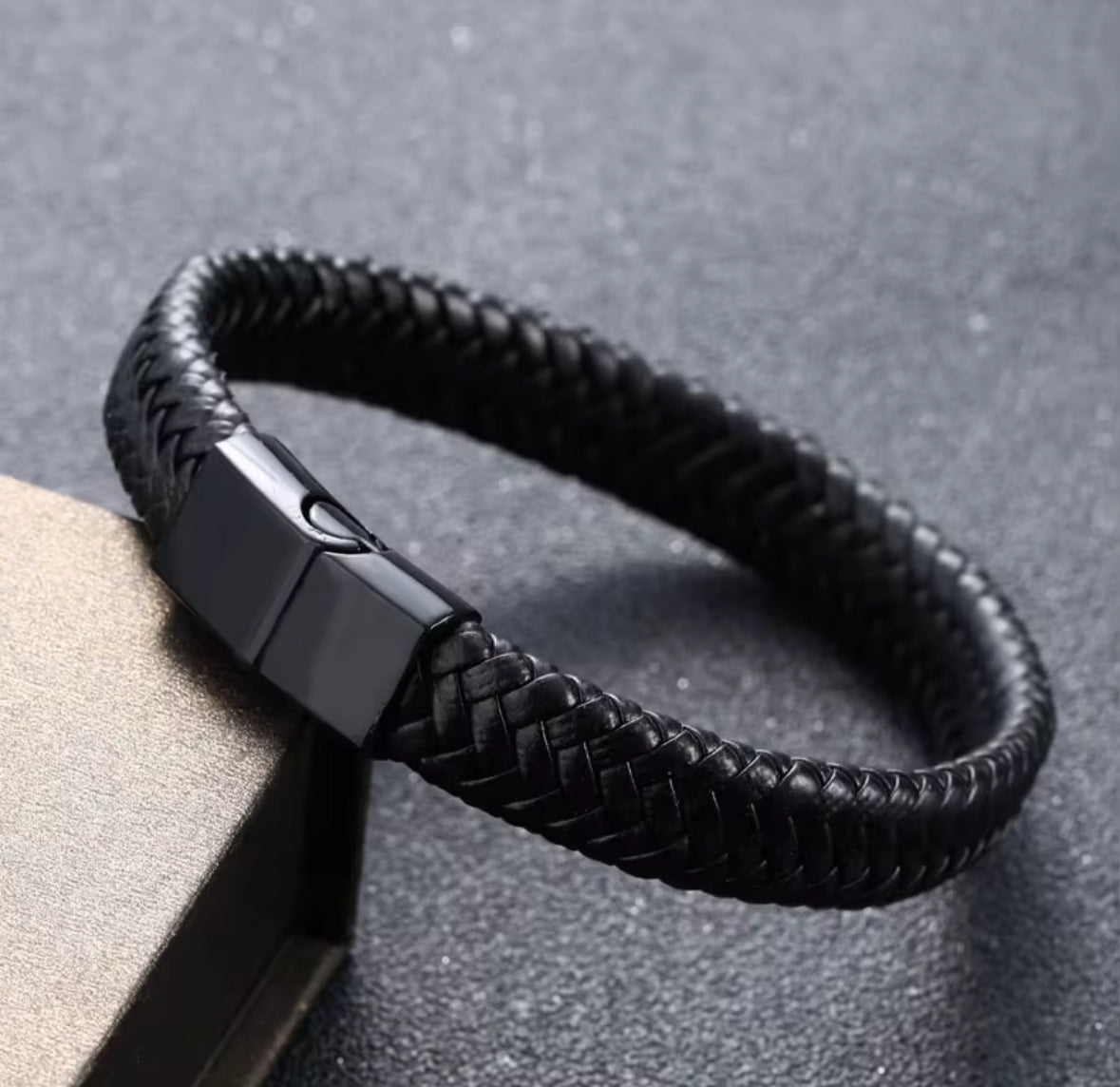 Men’s Black Braided Faux Leather Bracelet with Magnetic Clasp – Stylish & Durable Wristband