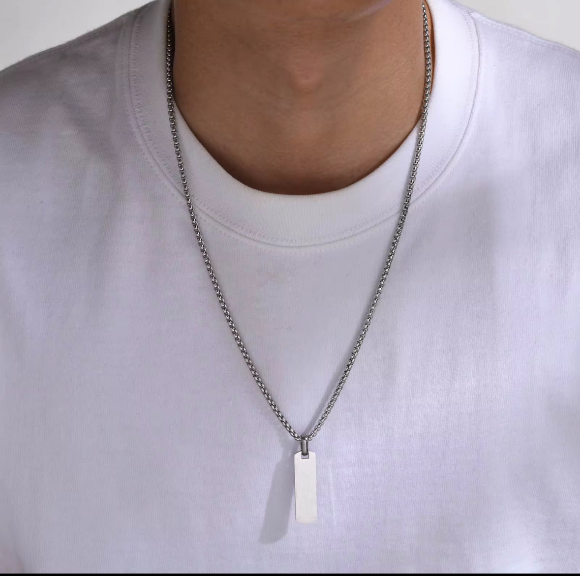 Men’s Stainless Steel Rectangle Pendant Necklace – Minimalist Silver Tag Chain