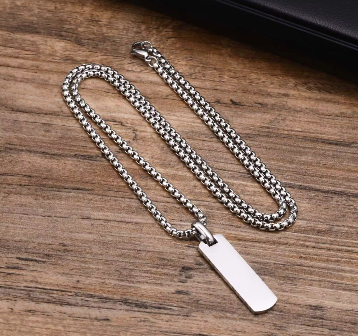 Men’s Stainless Steel Rectangle Pendant Necklace – Minimalist Silver Tag Chain