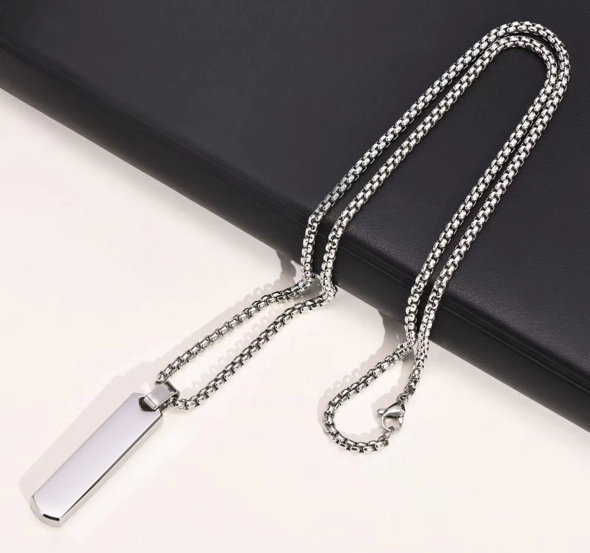 Men’s Stainless Steel Rectangle Pendant Necklace – Minimalist Silver Tag Chain