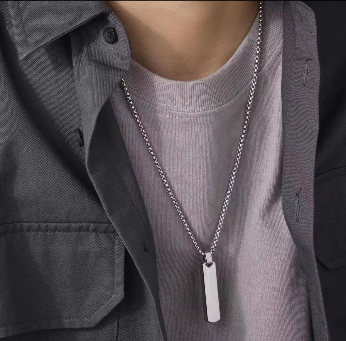 Men’s Stainless Steel Rectangle Pendant Necklace – Minimalist Silver Tag Chain
