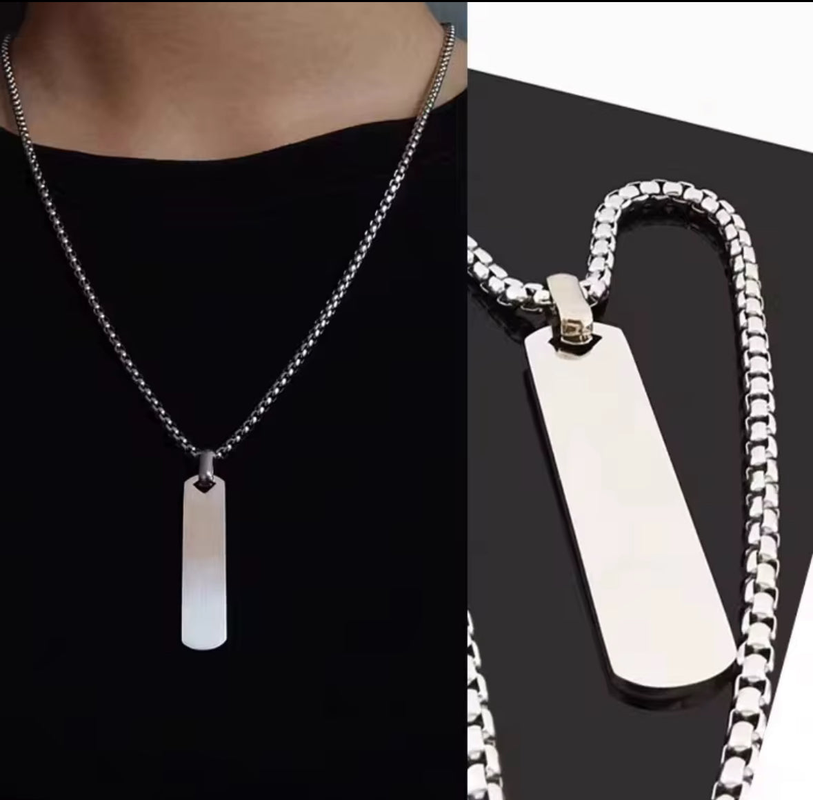 Men’s Stainless Steel Rectangle Pendant Necklace – Minimalist Silver Tag Chain