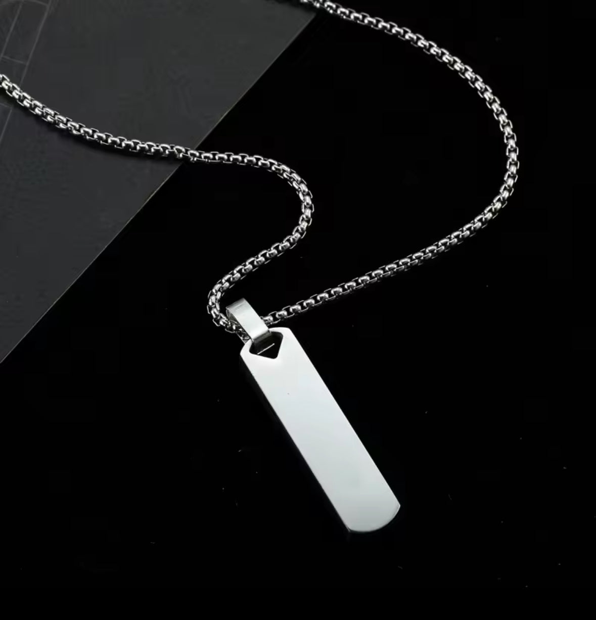 Men’s Stainless Steel Rectangle Pendant Necklace – Minimalist Silver Tag Chain