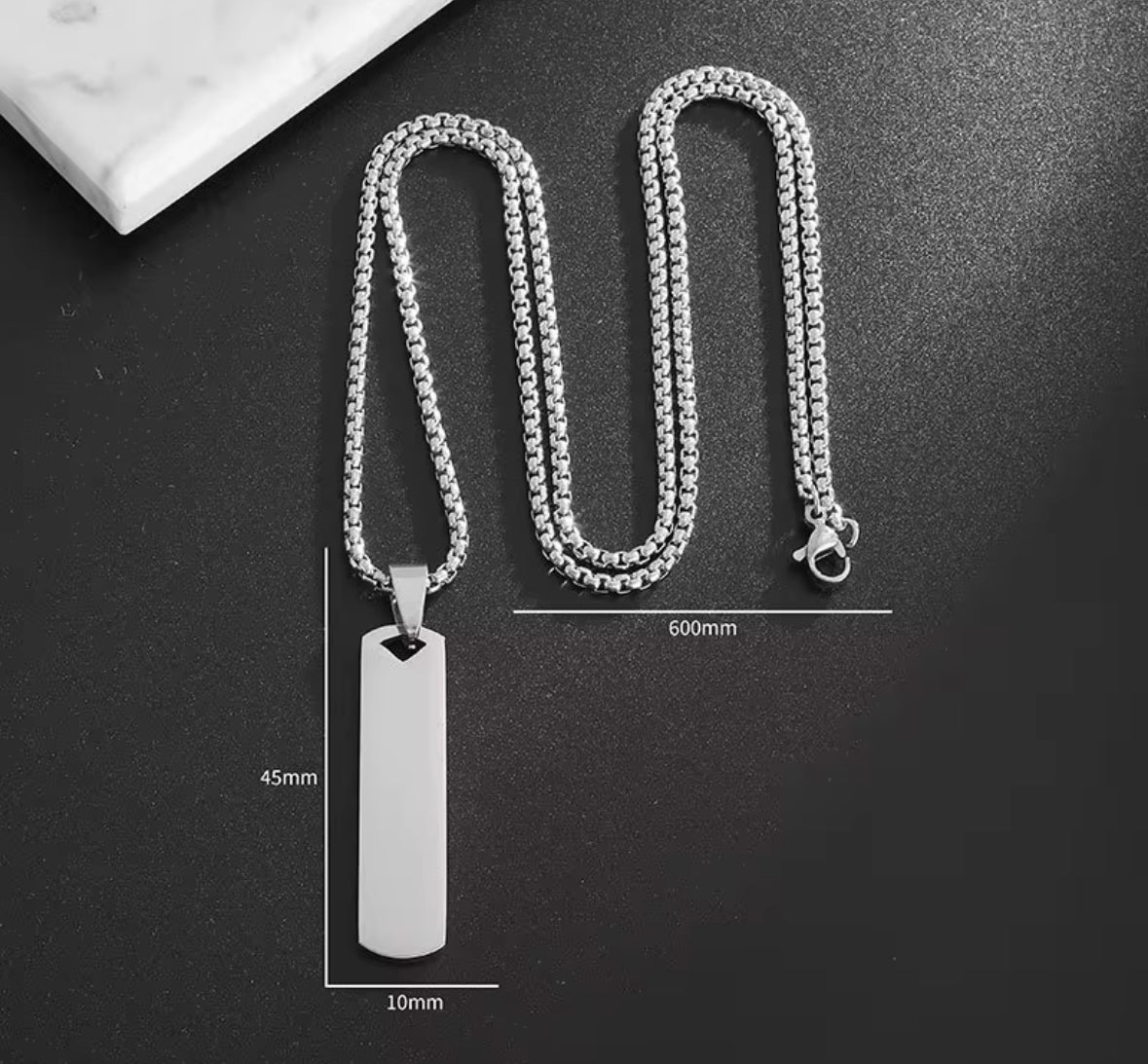 Men’s Stainless Steel Rectangle Pendant Necklace – Minimalist Silver Tag Chain