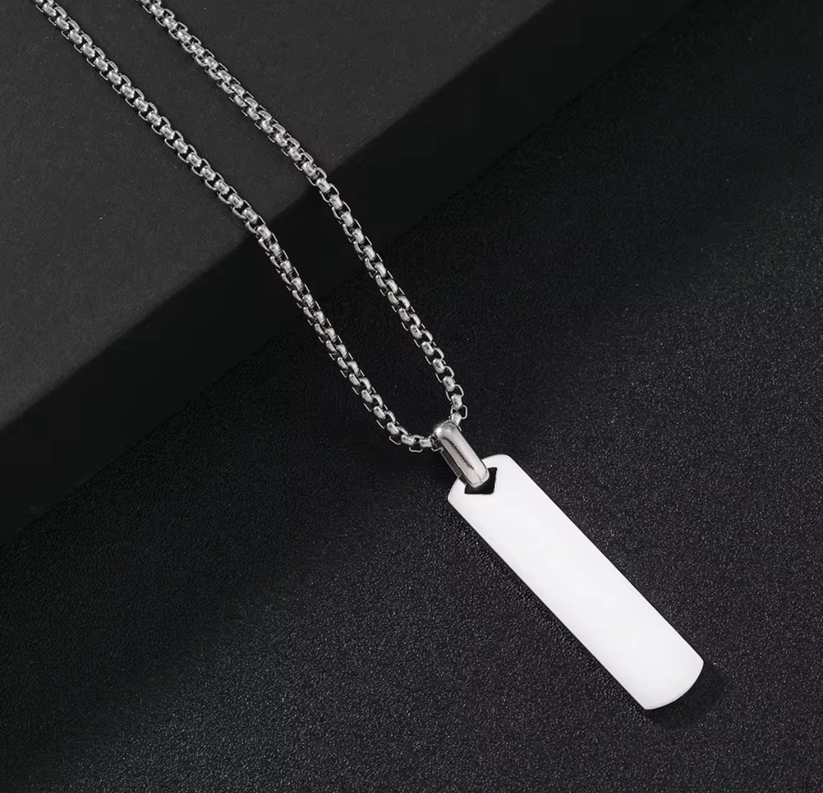 Men’s Stainless Steel Rectangle Pendant Necklace – Minimalist Silver Tag Chain