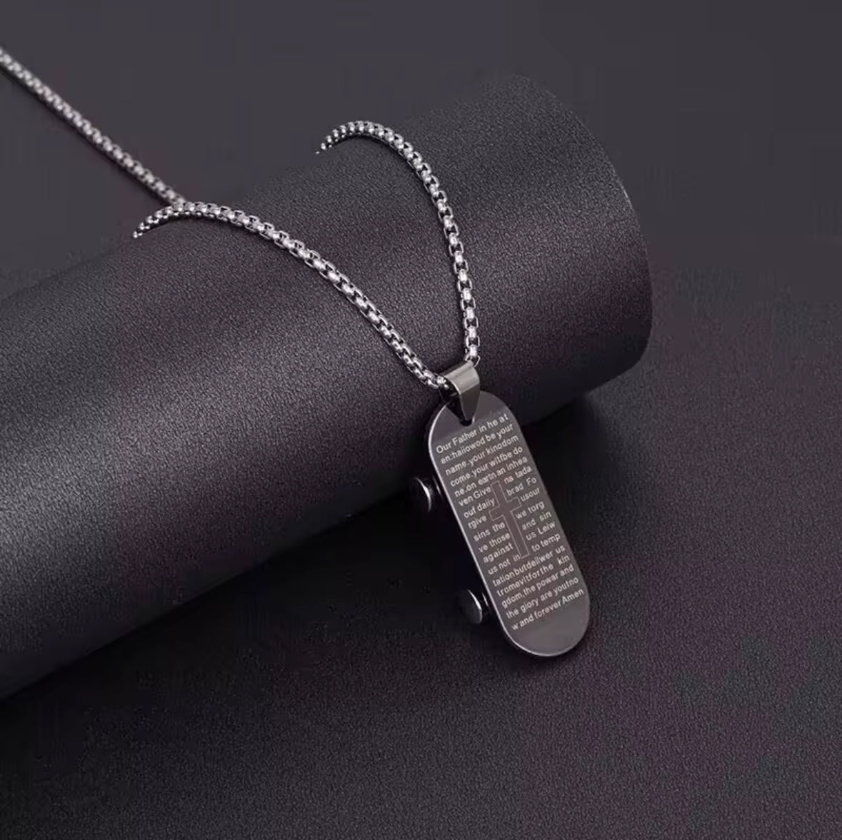 Men’s Christian Skateboard Pendant Necklace – Stainless Steel Cross with Engraved Bible Verse