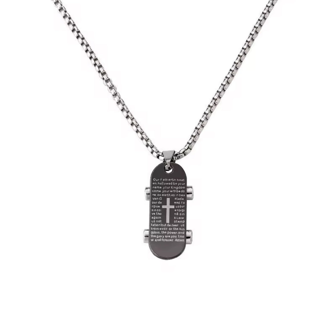 Men’s Christian Skateboard Pendant Necklace – Stainless Steel Cross with Engraved Bible Verse