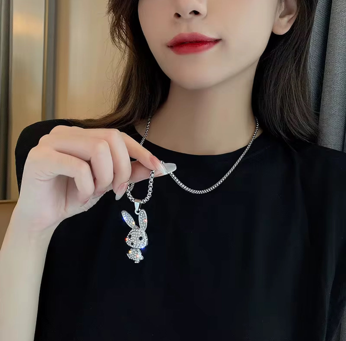 Cute Bunny Pendant Necklace for Women – Sparkly Crystal Rabbit Charm Jewelry