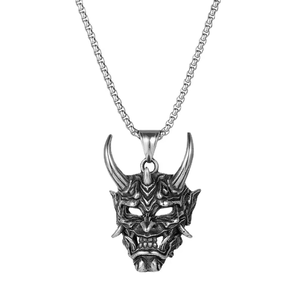 Oni Demon Mask Pendant Necklace – Japanese Samurai Spirit Stainless Steel Jewelry