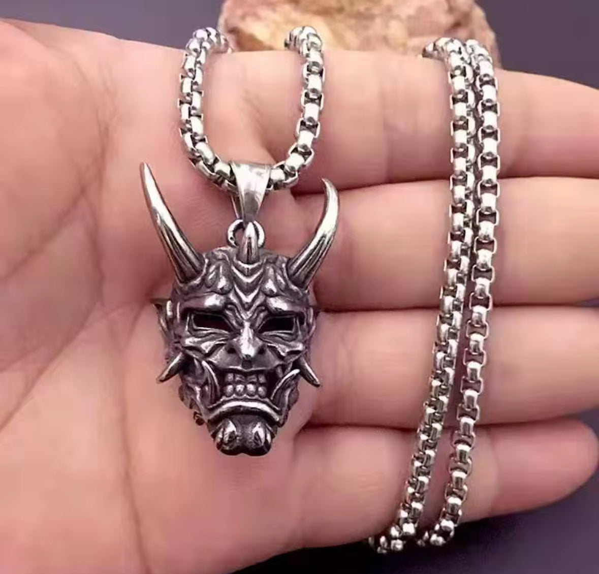 Oni Demon Mask Pendant Necklace – Japanese Samurai Spirit Stainless Steel Jewelry