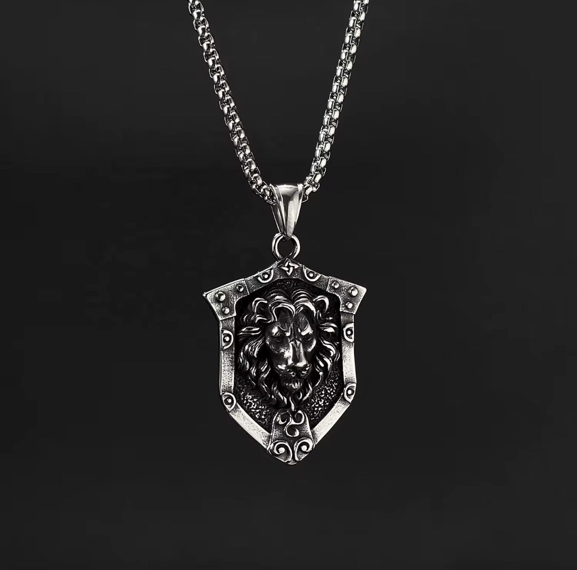 Lion Shield Pendant Necklace – Stainless Steel Medieval Crest Jewelry for Men