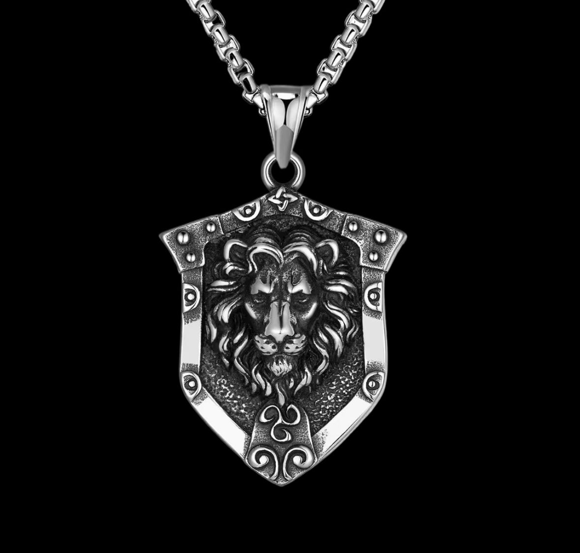 Lion Shield Pendant Necklace – Stainless Steel Medieval Crest Jewelry for Men
