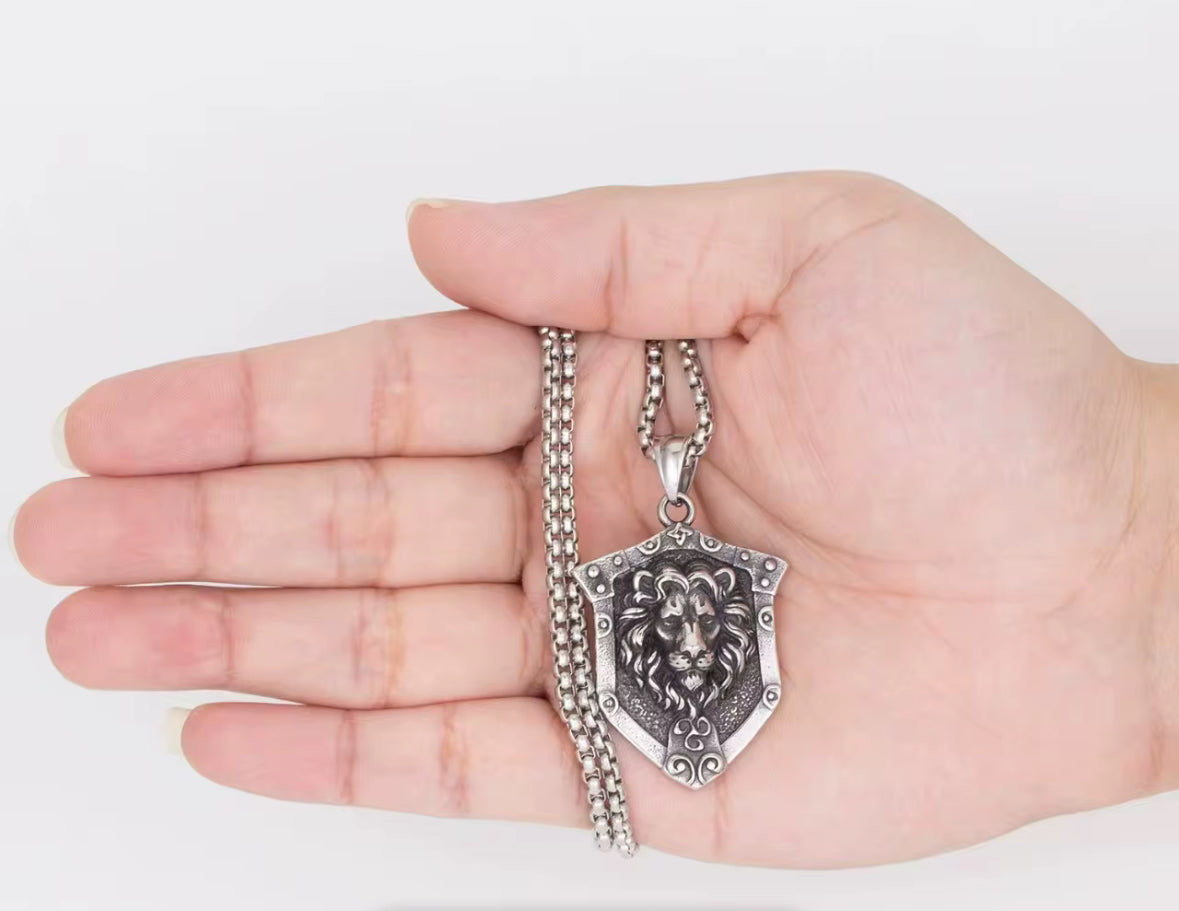 Lion Shield Pendant Necklace – Stainless Steel Medieval Crest Jewelry for Men