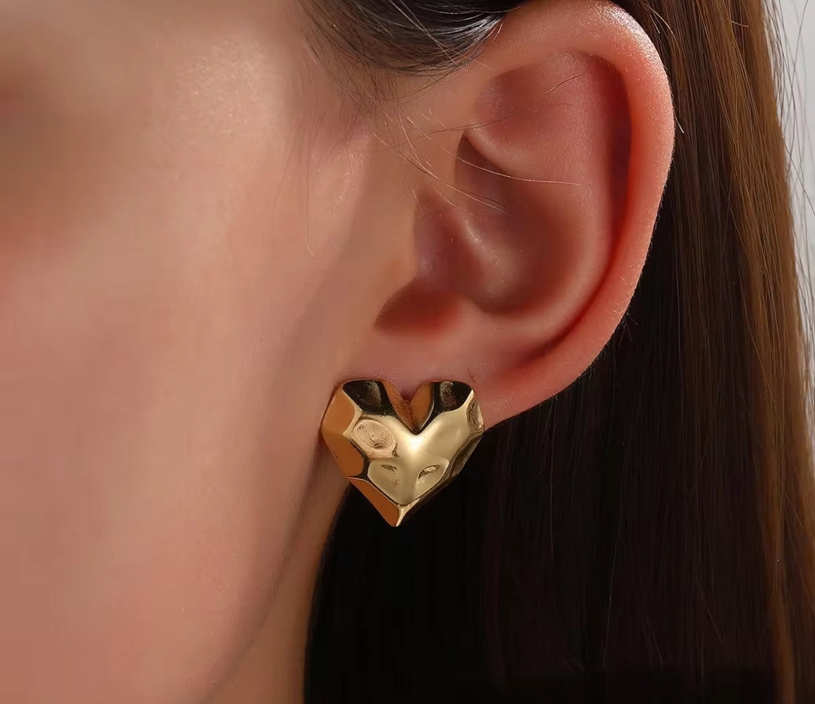 Anti Tarnish Stainless Steel Bold Gold Heart-Shaped Stud Earrings for Women | Chunky, Modern Statement Jewelry