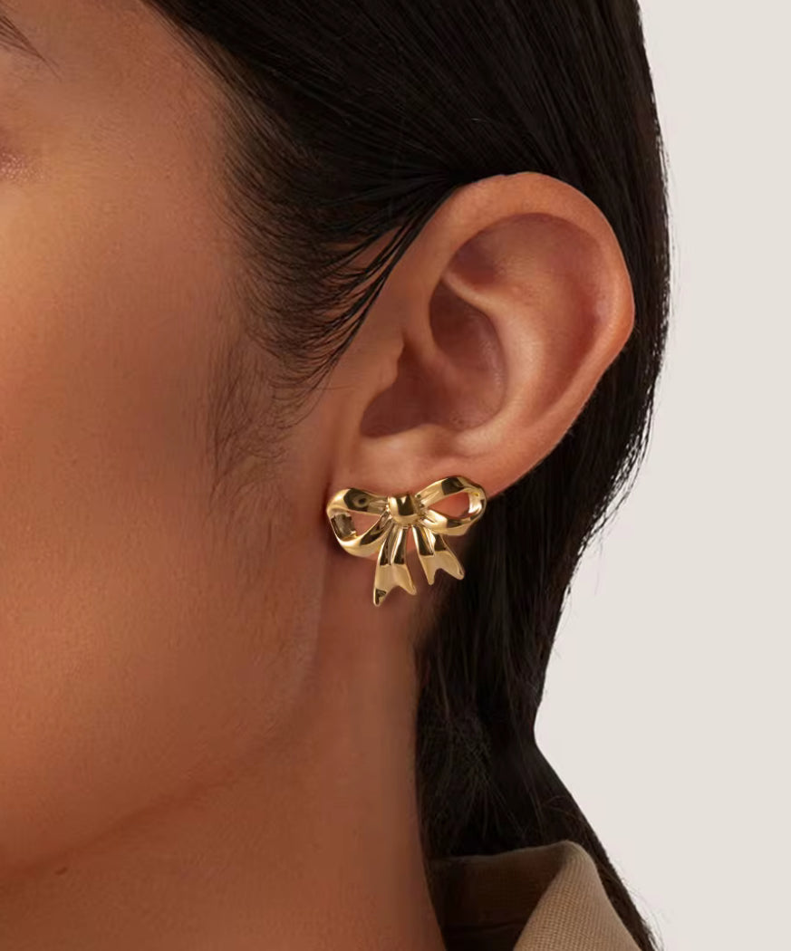Anti Tarnish Stainless Steel Golden Bow Statement Earrings – Elegant, Lightweight & Timeless Design