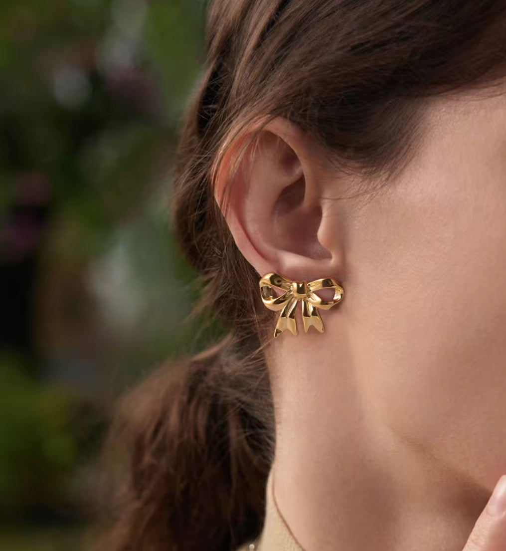 Anti Tarnish Stainless Steel Golden Bow Statement Earrings – Elegant, Lightweight & Timeless Design