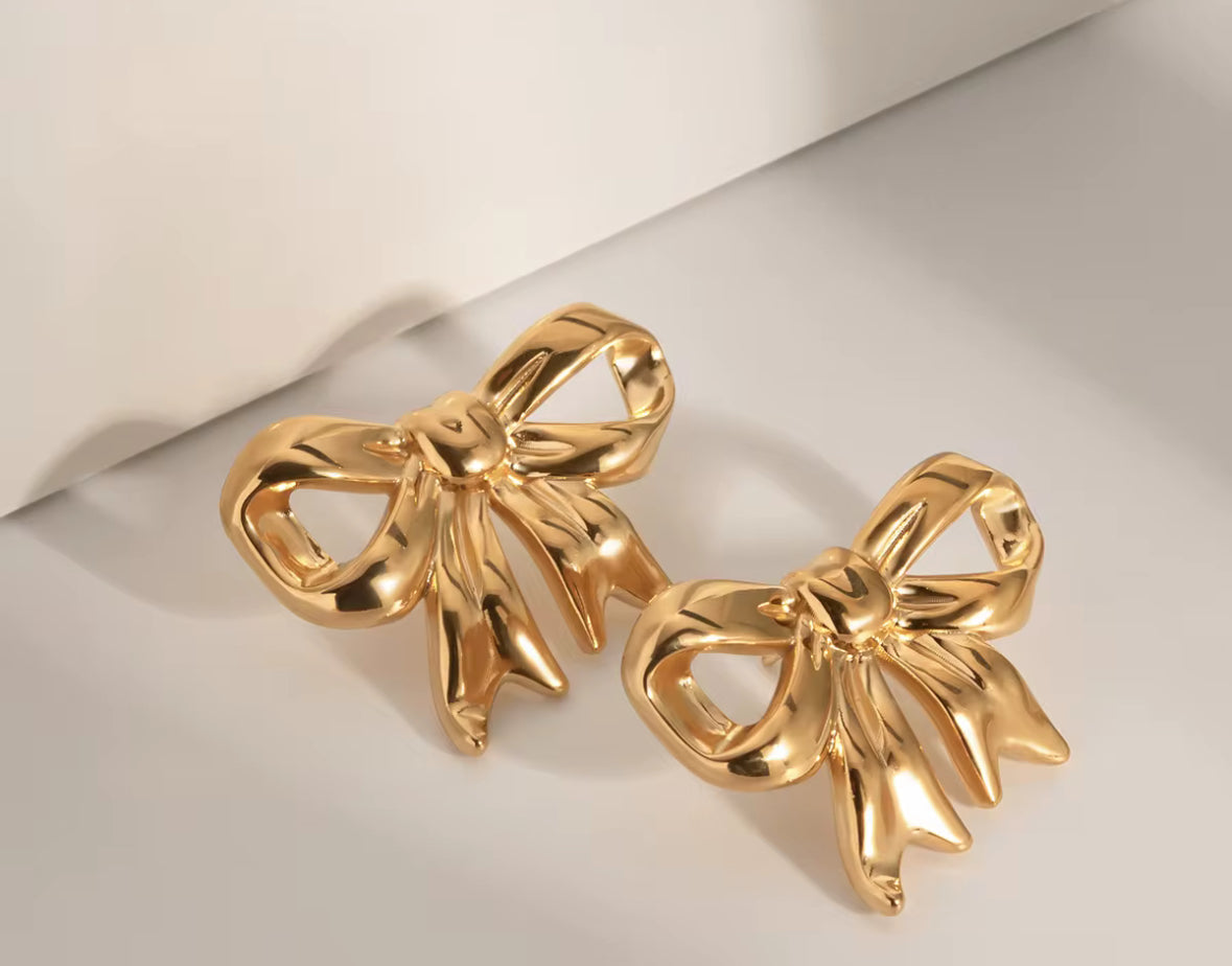 Anti Tarnish Stainless Steel Golden Bow Statement Earrings – Elegant, Lightweight & Timeless Design