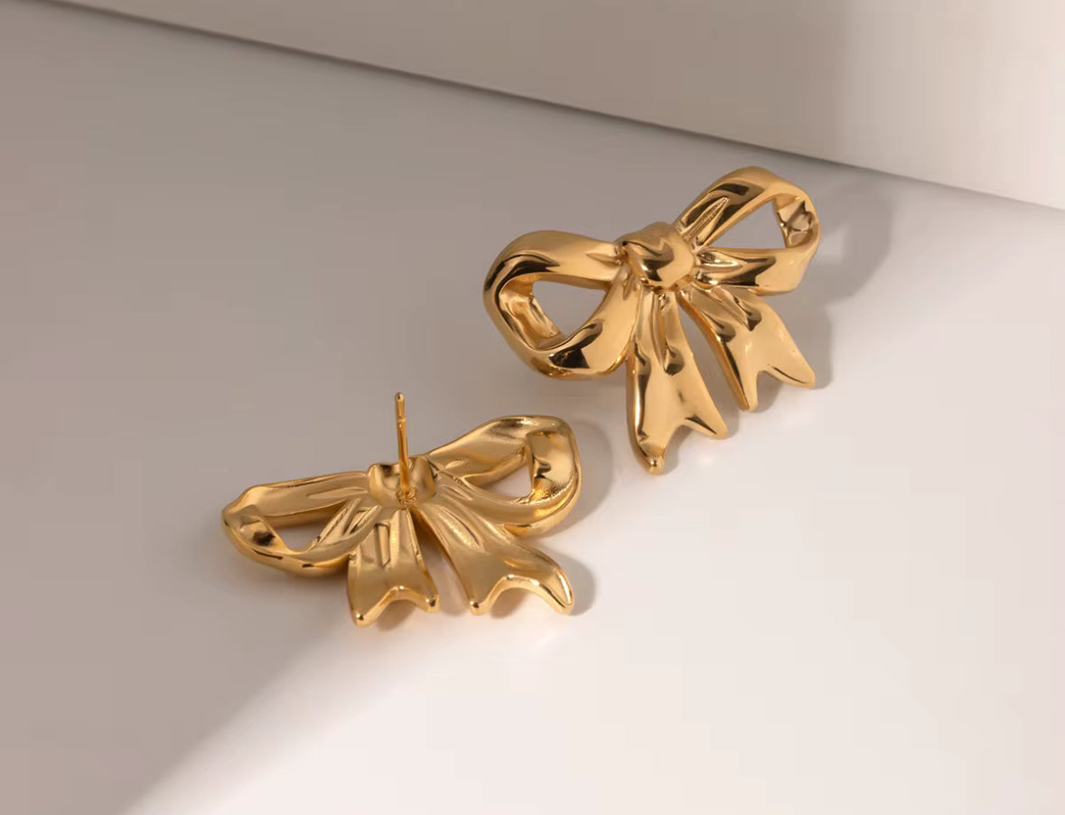 Anti Tarnish Stainless Steel Golden Bow Statement Earrings – Elegant, Lightweight & Timeless Design