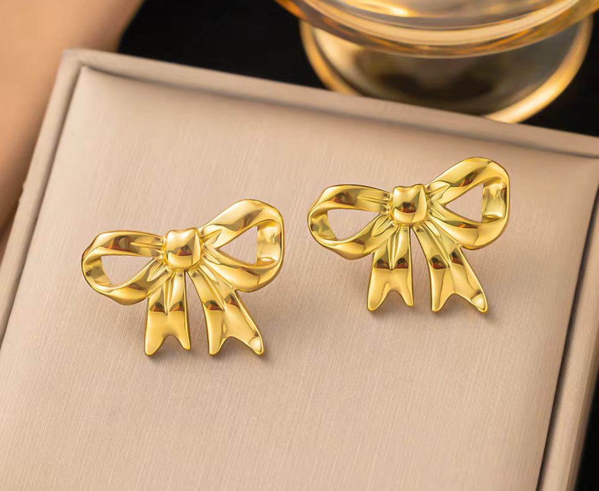 Anti Tarnish Stainless Steel Golden Bow Statement Earrings – Elegant, Lightweight & Timeless Design