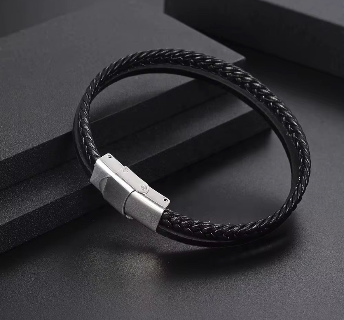 Men’s Black Braided Faux Leather Bracelet – Stainless Steel Magnetic Clasp | Modern Minimalist Jewelry